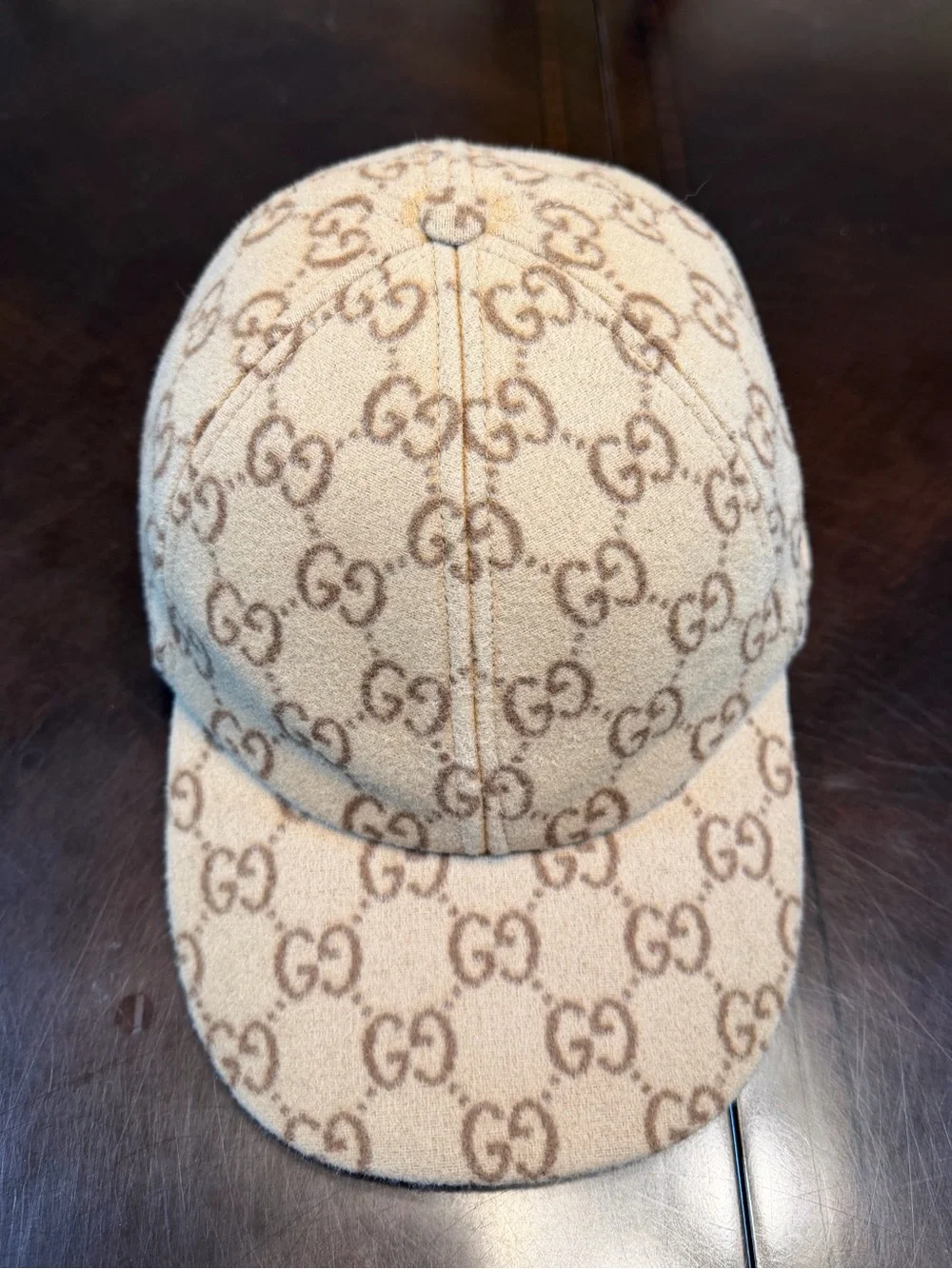 New Authentic Gucci GG Supreme Logo Wool Baseball Hat Tan Size L